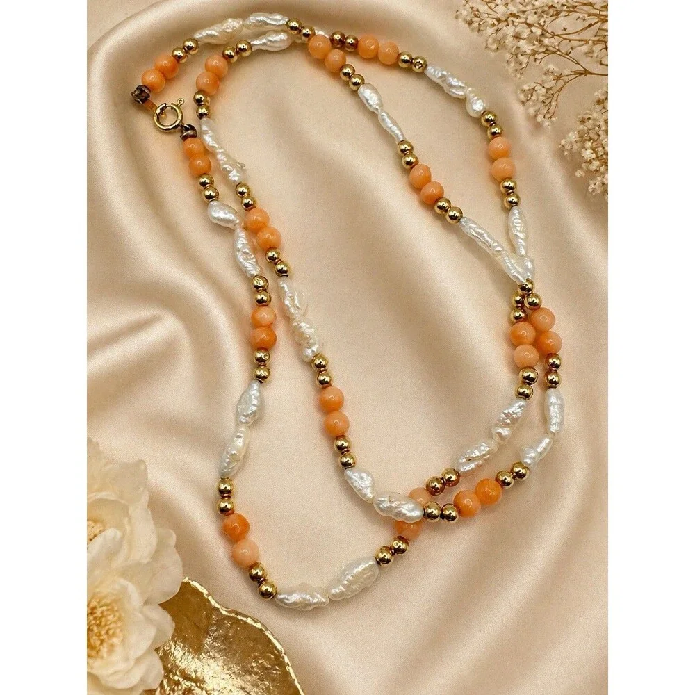 Vtg 14K Yellow Gold Angel Skin Coral Freshwater Pearl Necklace 19” Quiet Luxury